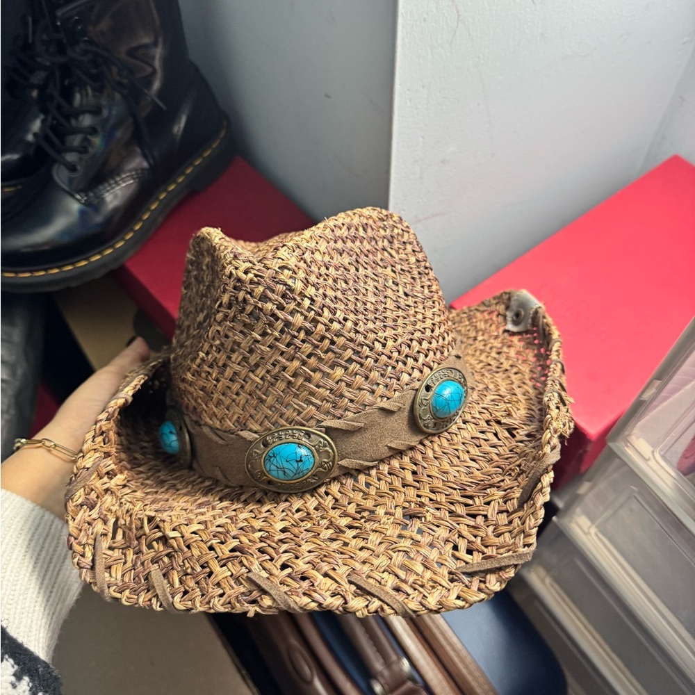 Brown Woven Cowboy Hat with Turquoise Accents